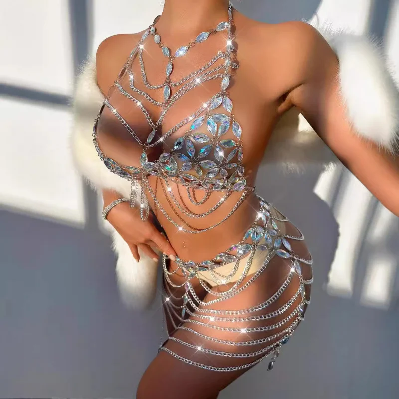 

Преувеличенная сексуальная цепочка на грудь с кисточками и драгоценными камнями, женская цепочка для тела Faion ow, длинная юбка трапециевидной формы Sve