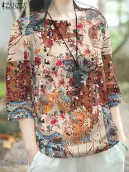 ZANZEA Women Floral Printed Blosues Retro Bohemian Color Fashion Tunic Tops 3/4 Sleeve O neck Casual Loose 2023 Summer Shirts