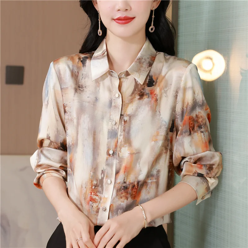 

Винтажные женские блузки с принтом, повседневные рубашки, модная свободная летняя французская одежда, атласные женские топы с длинными рукавами