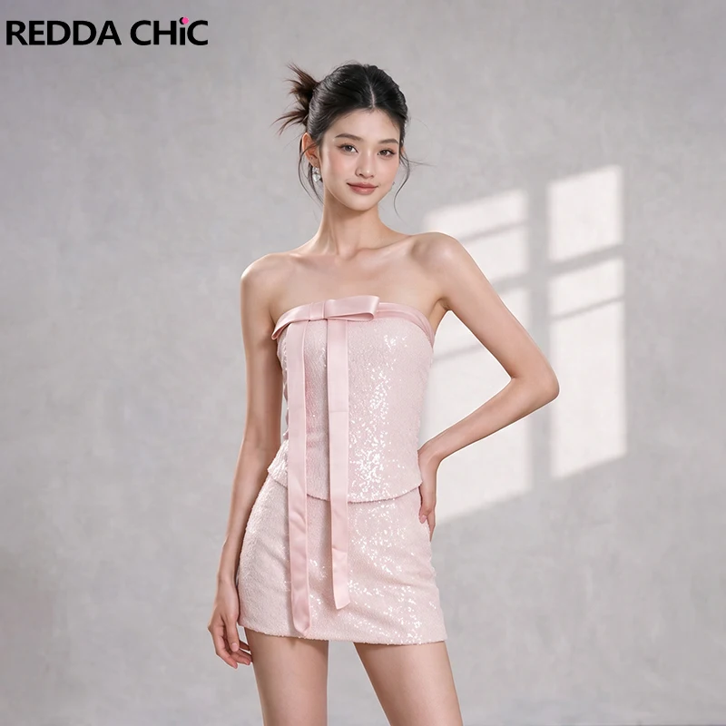 REDDACHIC Women Pink Tube Top Skirt Set Cocktail Party Sweet Bowknot Crop Top Shiny Bodycon Mini Skirt Cpquette Cutecore Clothes