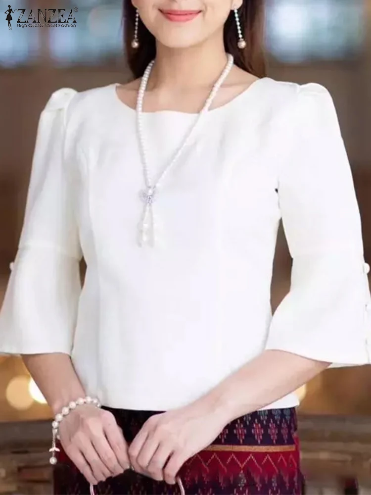 ZANZEA Women Blouse 2025 Autumn Vintage Solid Office Lady 3/4 Puff Sleeve Tops Round Neck Waisted Blusas Tunics Buttons Shirts
