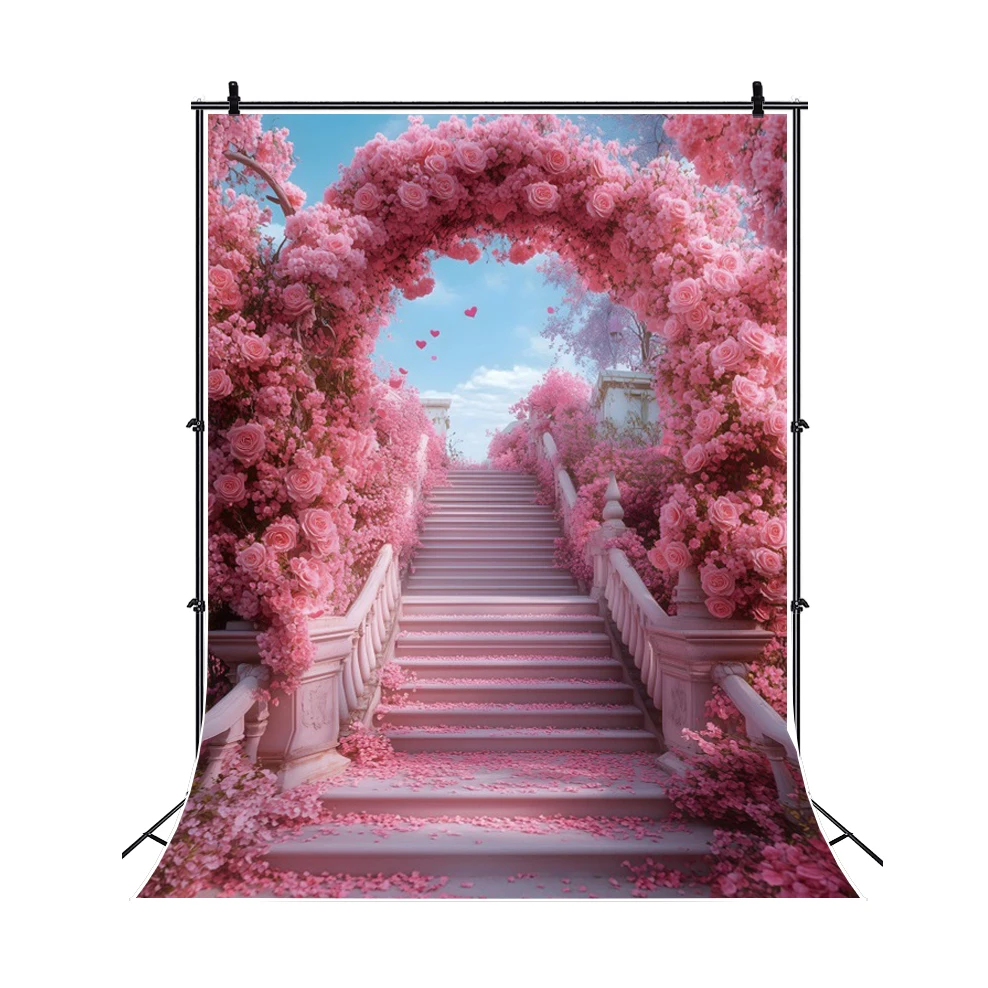 Fondo de fotografía de camino de flores rosas de fantasía de jardín, Castillo de princesa, pancarta para fiesta de bienvenida al bebé, telón de fondo para mesa de pastel