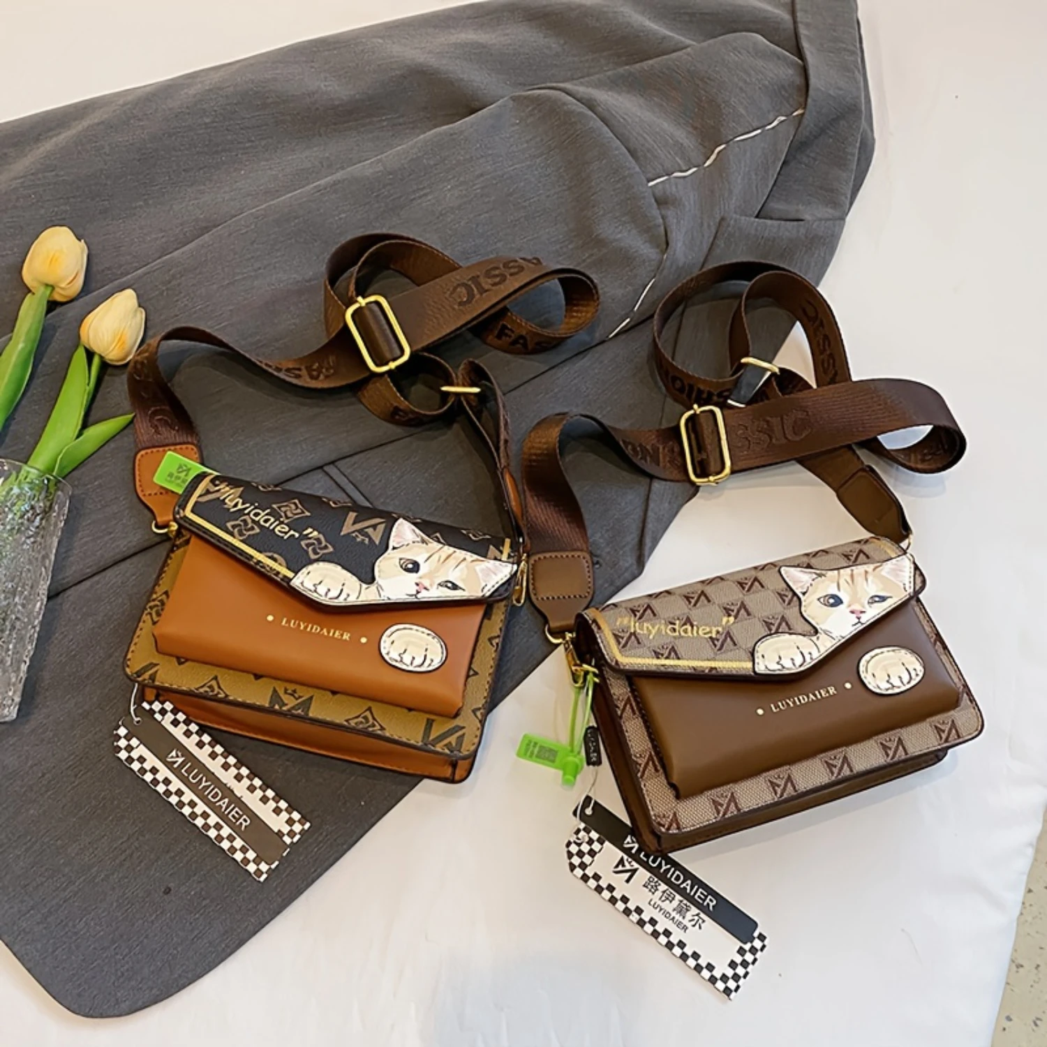 Shoulder Bag With Kawaii Cat Pattern, Mini Retro Plaid Pattern Crossbody Purse For Women