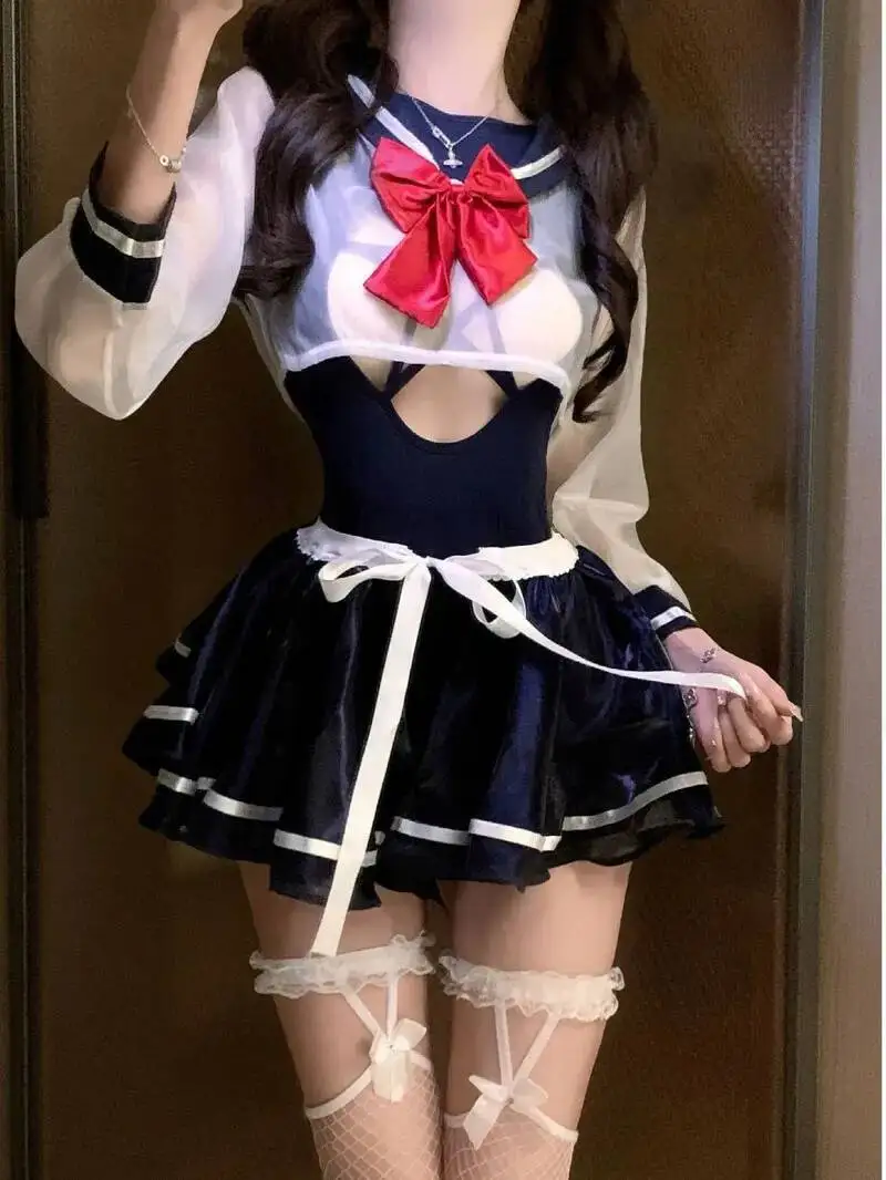 Sexy Long Sleeve See Through College Style Uniform Hot Hollow Out Navy Sailor Cosplay Sweet Hot Sexy Women Mini Dress 8O3F
