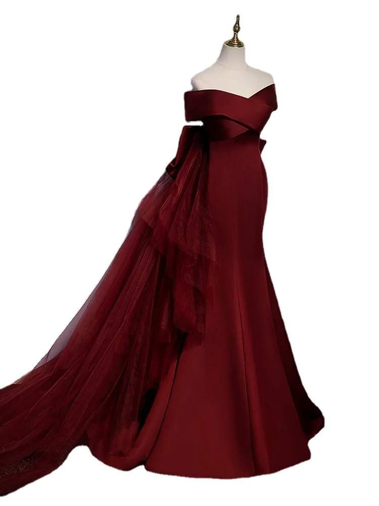 Burgundy Fishtail Evening Female Vocal Art Exam Party Strapless Light Wedding Dress