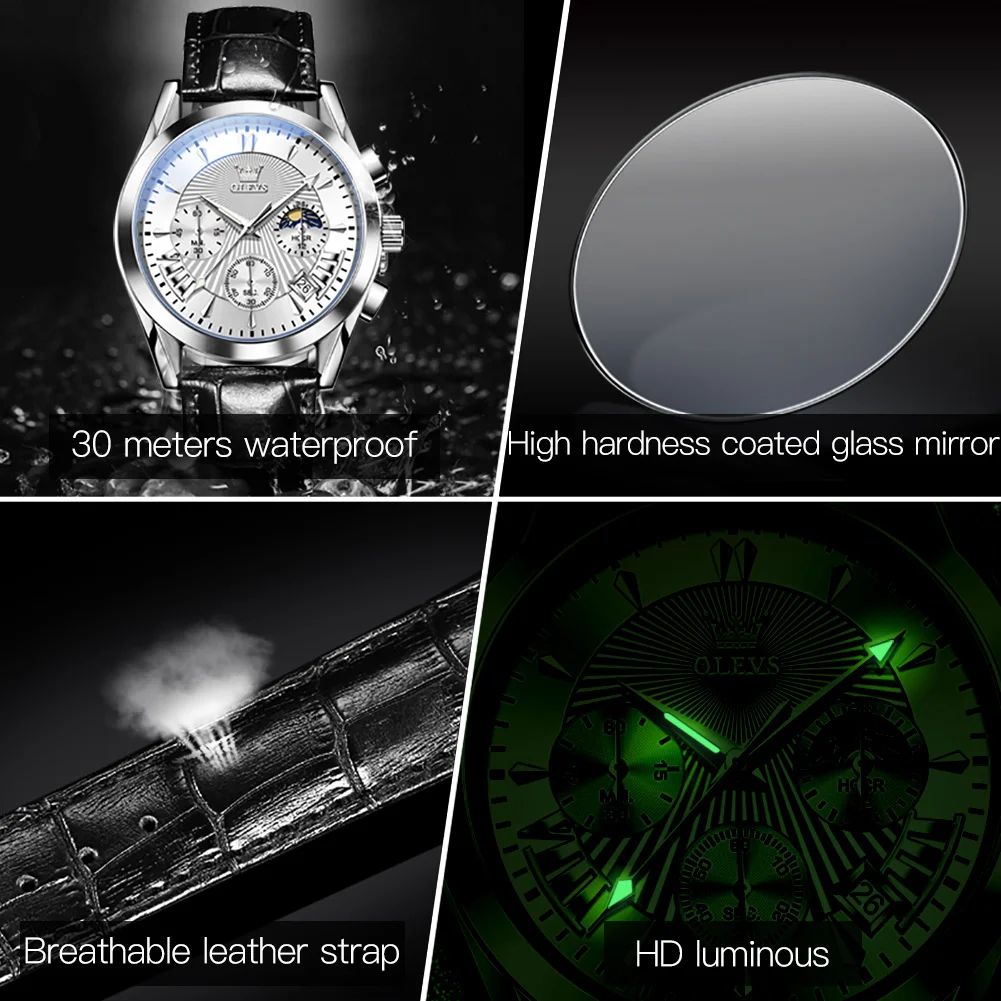OLEVS 2876 Men Watch Waterproof Luminous Quartz Wristwatch Dial Multifunctional Chronograph Watch Single Calendar Moon Phase ﻿