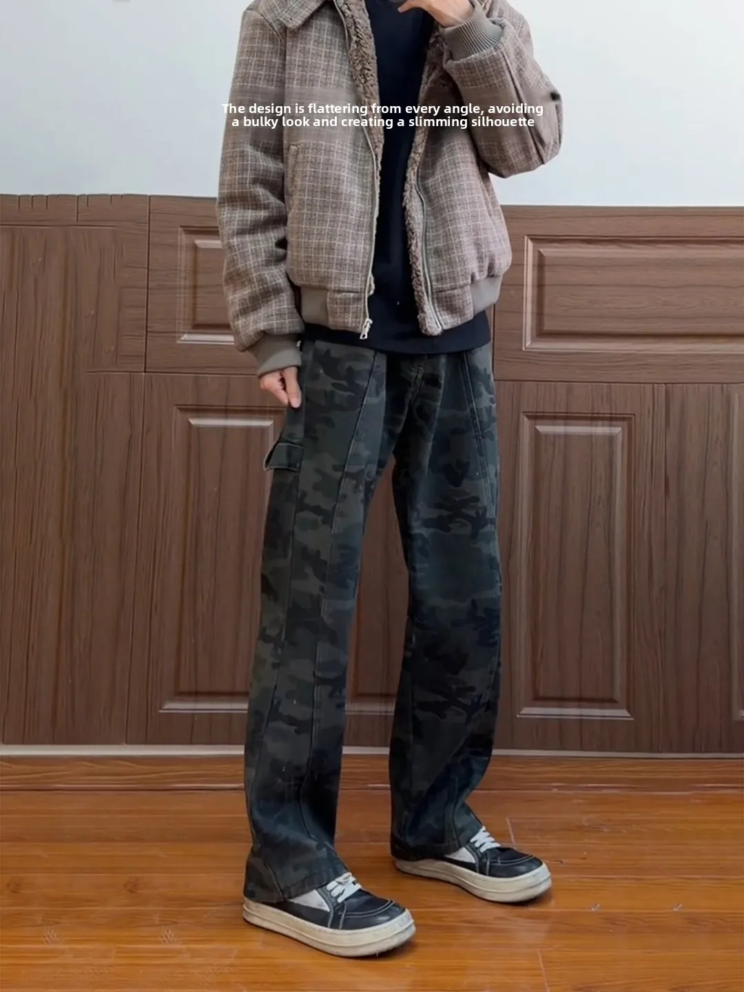 

American Sle Fce Lined Camouflage Men's Jeans mid Waist Straight Leg Workwear Pants Slimming Bootcut Trousers