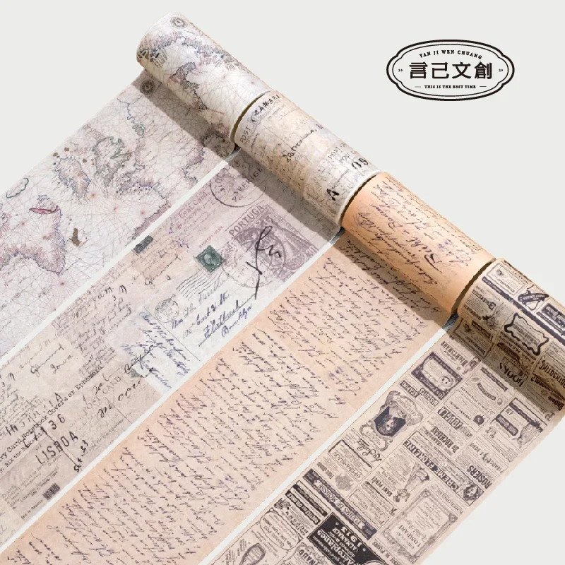 4Roll Per Pack Box Tape DIY Retro Time English Alphabet Map Paper Stationery Stickers Packing Scrapbooking Handbook Material 2M
