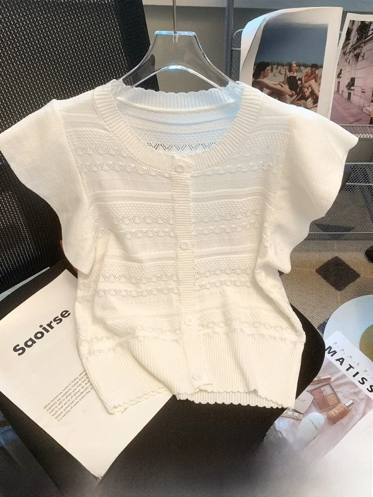 

Summer Ice Silk White Small Fragrance Style Short Sleeve T-Shirt Women's 2026 New Knitted Open Cardigan Top Flying Sleeve