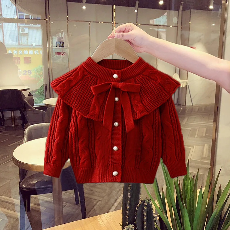 

Girl's Cardigan Sweater Spring and Autumn2024New Children's Western Style Red Large Lapel Baby Girls' Knitted Coat