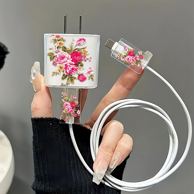 

Transparent Purple Flowers Case for Apple Charger, Protective Cover, Applicable to iPhone 15, 14 Data Head Bite Protector Shell