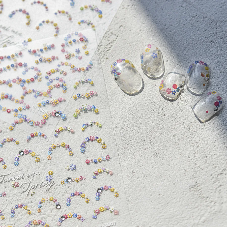 1pcs 5D Diamond Japanese Spring Colorful Flower Nail Art Stickers Elegant Self-Adhesive Nail Decorations Decals Accessories DIY