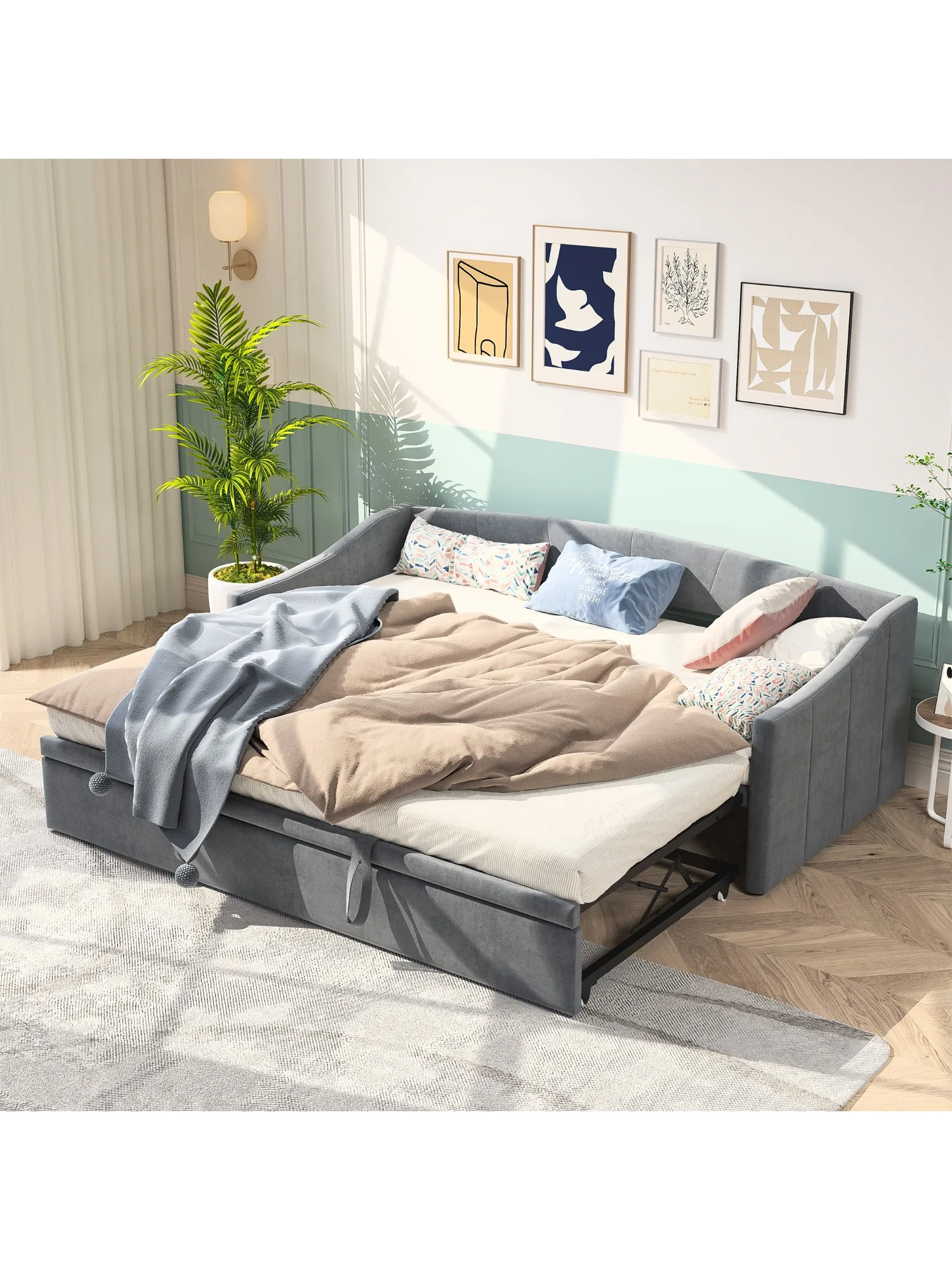 Dagbedden 90/180x200cm, 2-in-1 opklapbare slaapbank, uitschuifbare bank, eenpersoonsbed, slaapbank met uitschuifbaar bed, grijs fluweel, zonder matras - afbeelding 2