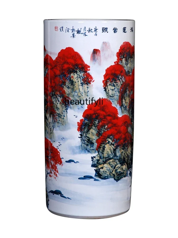 Jingdezhen Quiver Red Ceramic Floor Large Vase Flower Arrangement Decoration Painting and Calligraphy Cylinder Scroll Cylinder