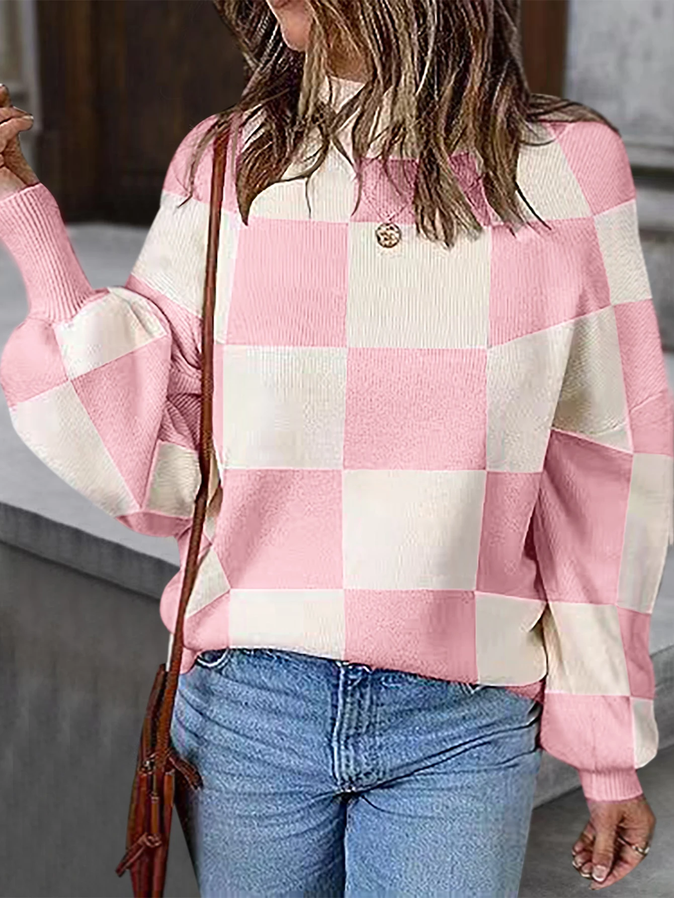 European and American new casual style checkered long sleeved sweet high neck sweater for women