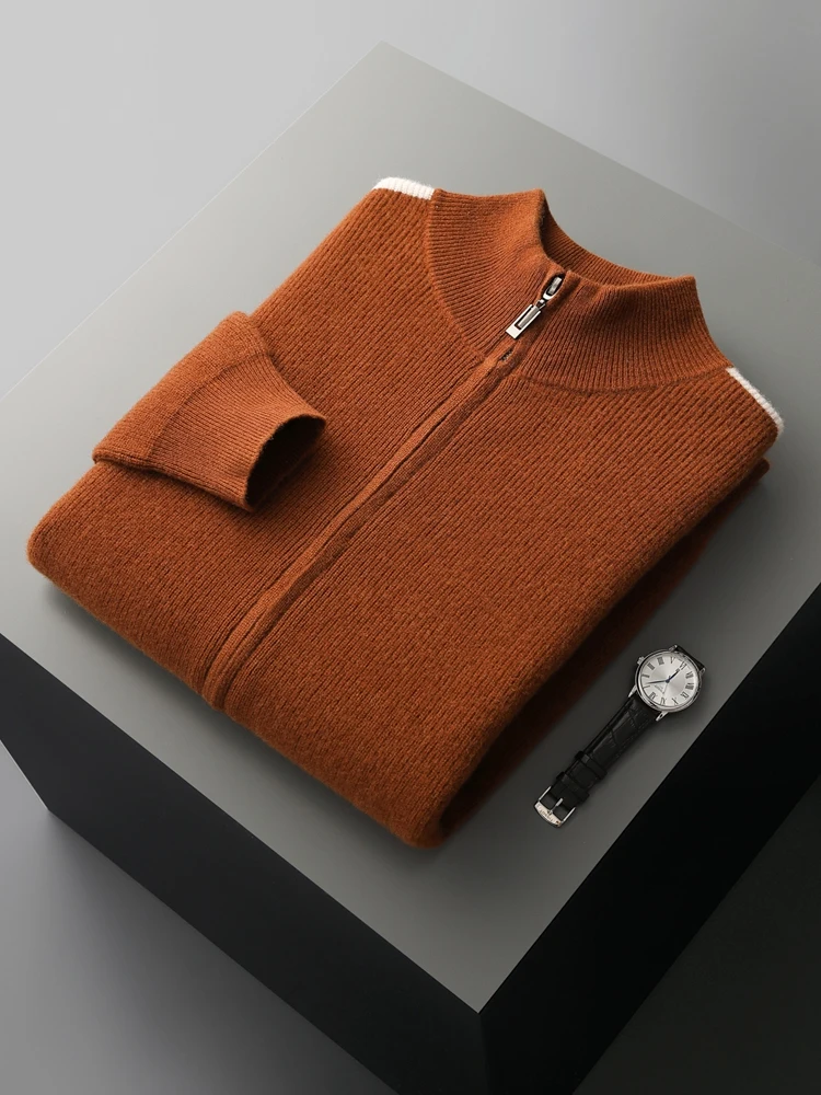 Autumn Winter Men\'s Zipper Cardigan 100% Merino Wool Sweater Thick Mock Neck Long Sleeve Cashmere Coat Korean Casual Clothing