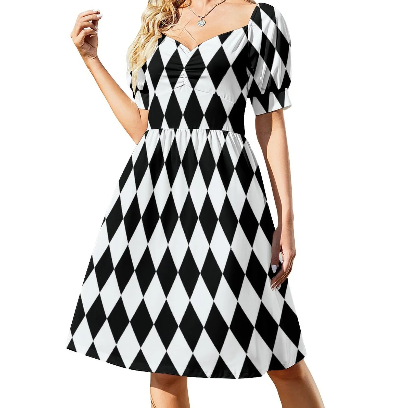 Geo Print Casual Dress Black White Diamond Street Wear Dresses Elegant Dress Female V Neck Oversized Vestidos