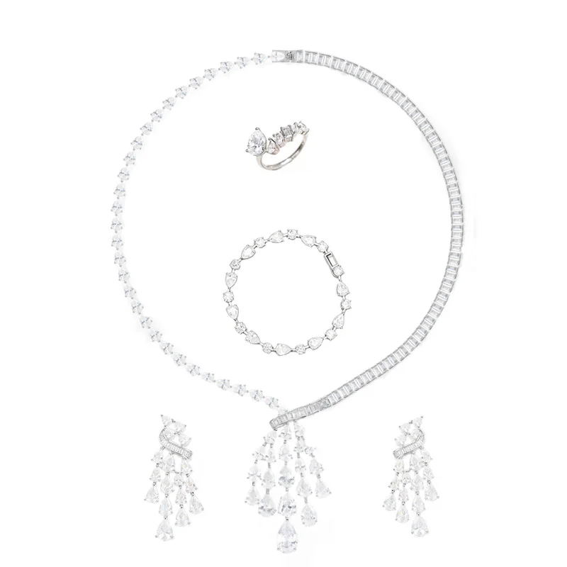 4Pcs Luxury Pear Cut Cubic Zirconia Jewelry Set for Women Wedding Bridal Necklace Earrings Bracelet Ring Full Set Sparkling CZ