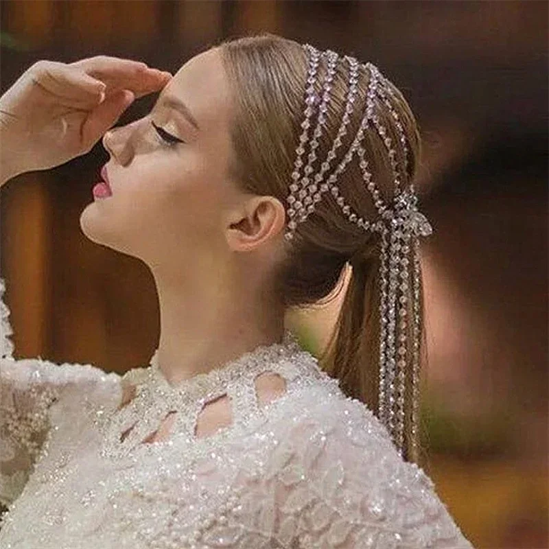 Womens Fashion Rhinestone Headband Long Tassel Crystal Hair Accessories Fashion Wedding Headdress Creative Gift