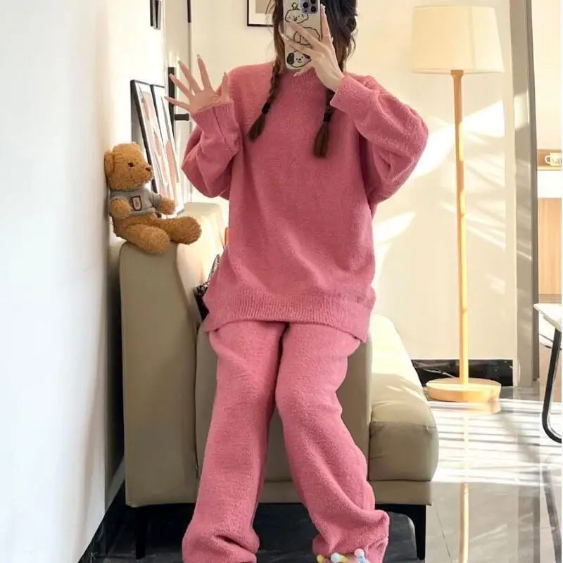 Conjuntos de pijamas de lana Coral para chica joven, ropa de ocio holgada y dulce de princesa con cuello redondo, ropa de hogar de terciopelo para otoño e invierno