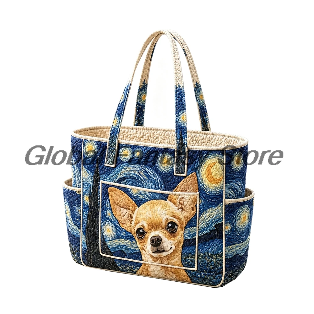 Adorable Dog Floral Print Quilted Tote Bag Boho Multiple Pockets Shoulder Handbag Women Daily Shopping Bags