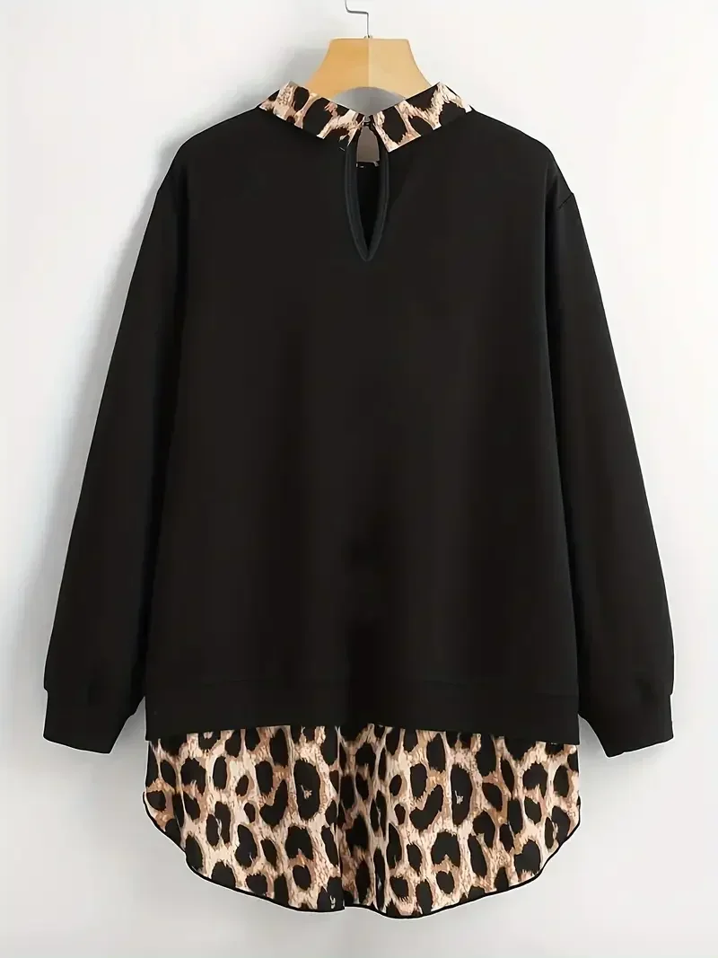 

Plus Size 1XL-5XL Women's Fashion Leopard Stitching Blouse Top Sweatshirt Ladies Casual Long Sleeve Lapel Pullover Shirt Tops