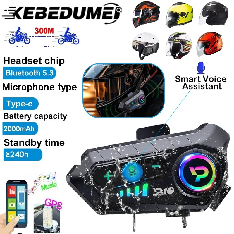 Kebidumei Y10 Bluetooth 5.3 Motorcycle Helmet Headset Waterproof 2000Mah Voice Assistant For Moto Earphone Motorbike Headphone