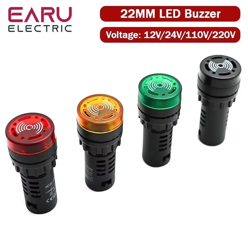AD16-22SM 22mm Panel Diameter AC DC 12V 24V 110V 220V Flash Signal Light Red LED Active Buzzer Beep Alarm Indicator Green Yellow