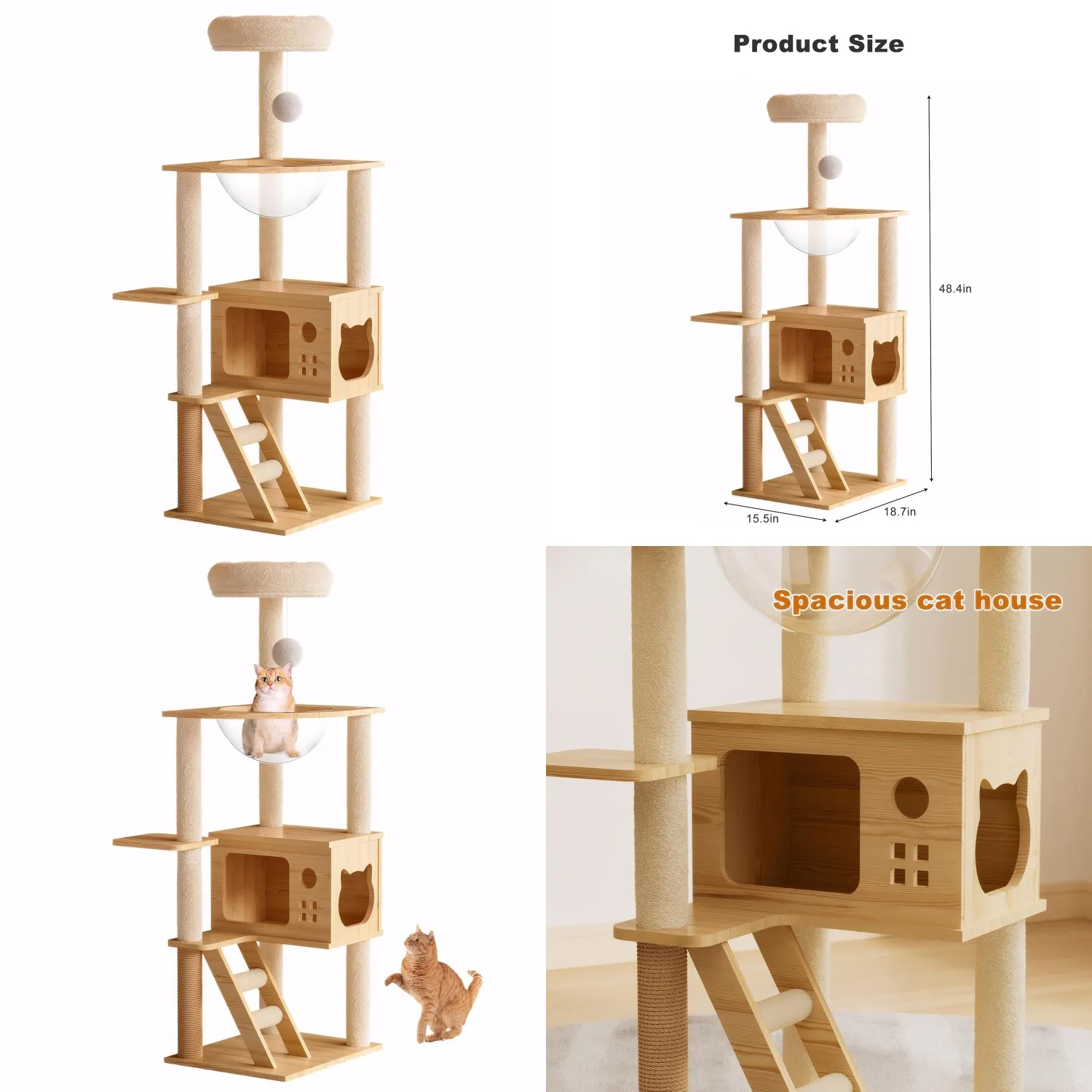 

Solid Pine Wood Cat Tree for Indoor Cats, 48.8” Tall Modern Cat Tower with Clear Acrylic Hammock & Condo House,, Customized