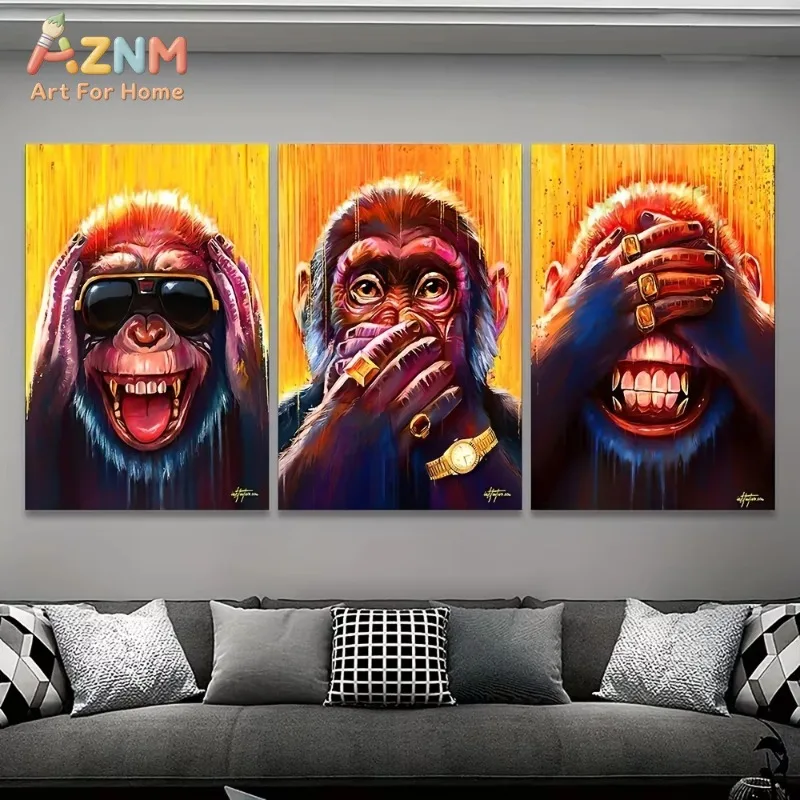 3pcs Three Wise Monkey Graffiti Pop Art Canvas Wall Art No Frame Poster Print Colorful Chimpanzee Living Room Home Painting