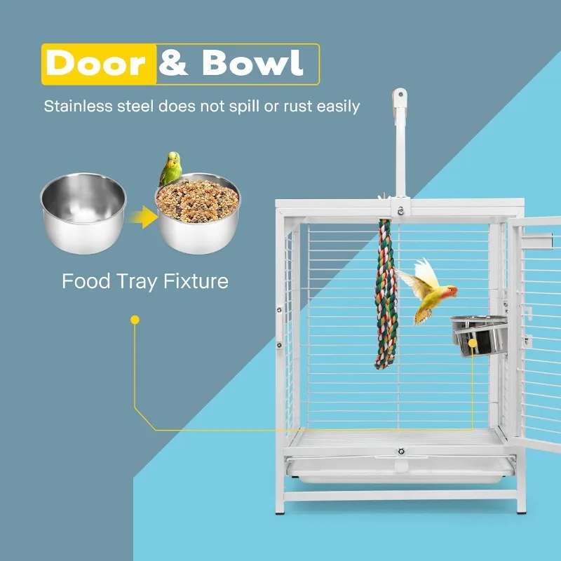 19 Inch Wrought Iron Bird Travel Carrier Cage for Parrots Conures Lovebird Cockatiel Parakeets White