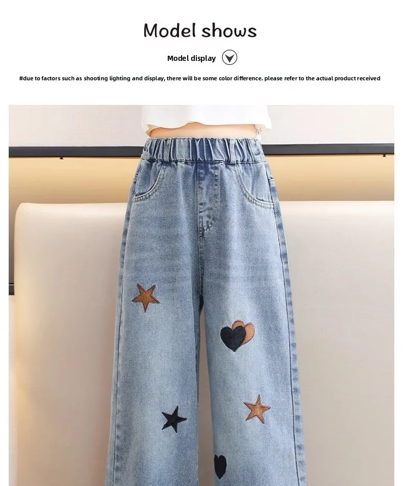 Frühling Herbst Neue Mädchen-Jeans mit Stickerei, Fünfzackiger Stern, Weite Hosen für 3-12 Jahre alte Teenager-Mädchen, Stylische Denim-Hosen mit weitem Bein – Detail 8