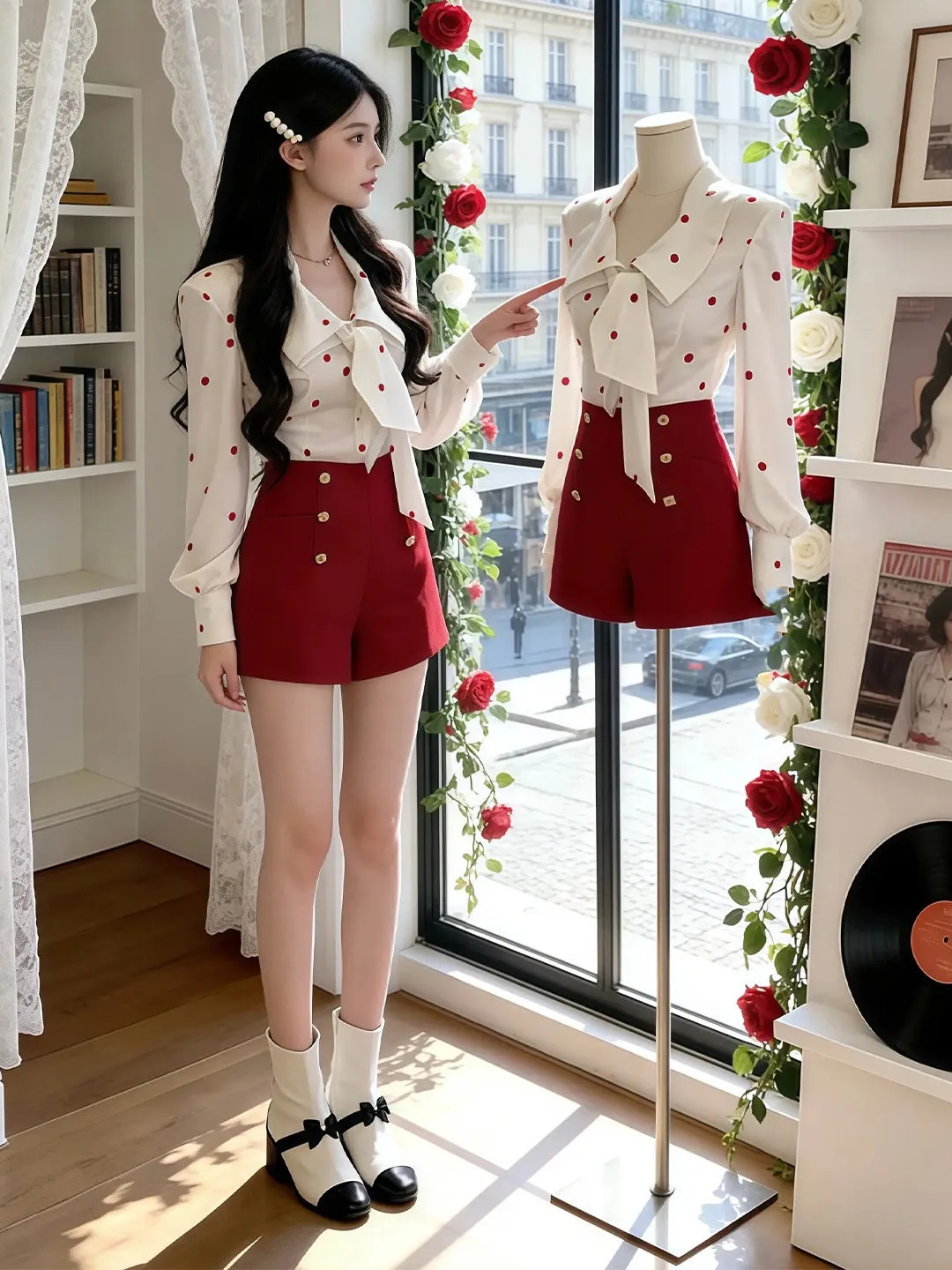 

Элегантный винтажный комплект из двух предметов: рубашка в горошек и шорты с высокой талией. Весенний модный наряд из дышащего полиэфирного волокна.