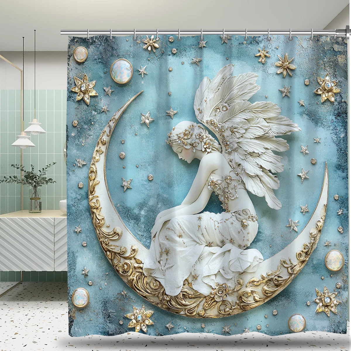 

Занавеска для душа с принтом «Небесный, шикарный луна и ангел» — домашний полиэстер с крючками, можно стирать в машине, всесезонный декор