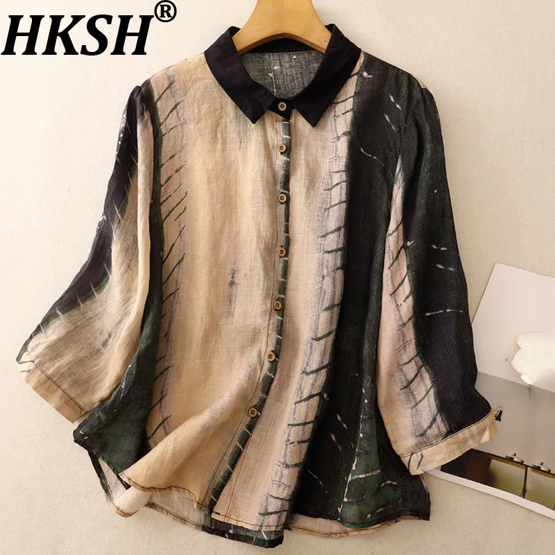 

HKSH Summer New Women Shirt Contrast Color Printed Single Breasted Turn-Down Collar Casual Tops Elegant Tide Chic Blouse HK10769