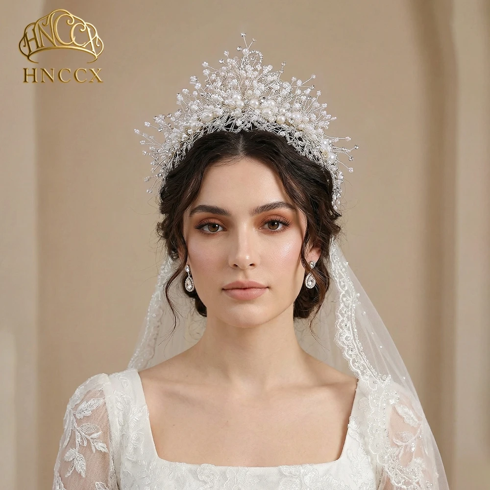 HNCCX Luxury Bridal Crown Wedding Tiara Headdress Hair Accessories White Color Pearl Headpiece Party Headband Hair Jewelry HP245