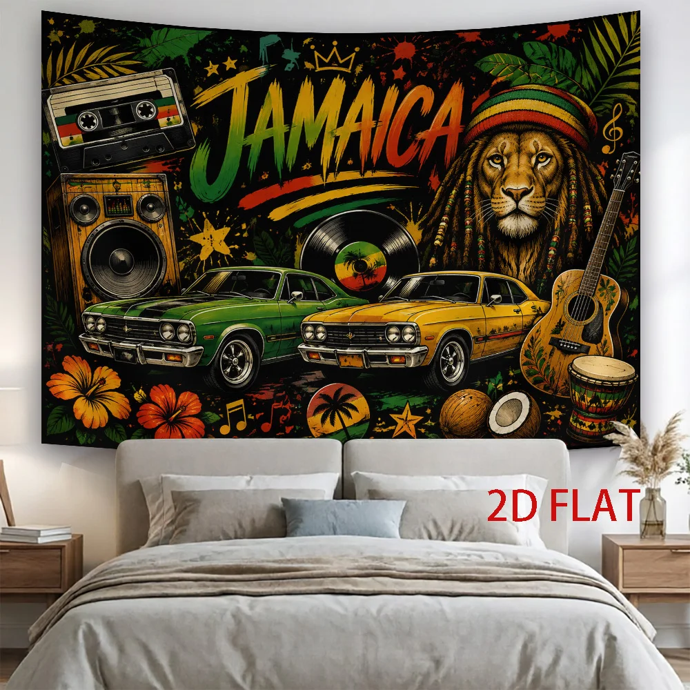 Vintage Jamaica Reggae Tapestry Indie Style Wall Hanging, Lion Retro Car Tropical Music Print for Beautiful Home Wall Art Room