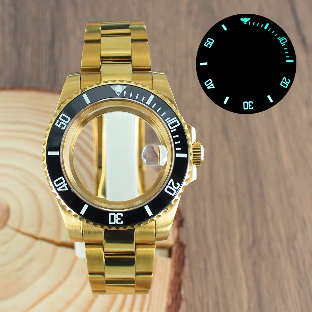 

high quality NH35 Gold 40mm Diver Watch Case C3 Super Luminous bezel Sapphire for Seiko NH35NH36 8215 2824 sub Case Slide Buckle