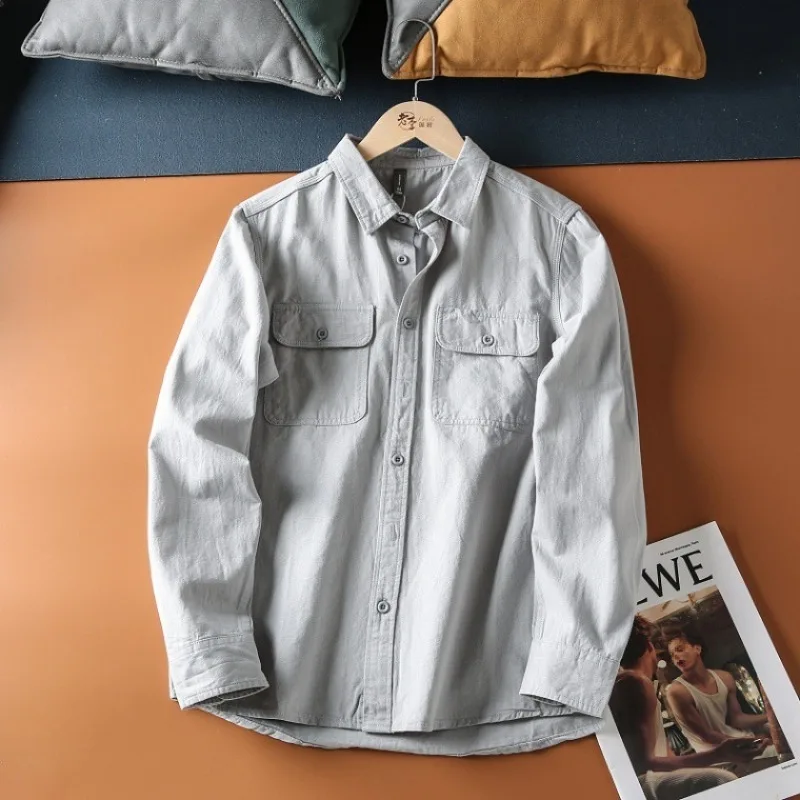 Весенне-осенняя новая мужская рубашка с двойным карманом, потертый и матовый свободный универсальный топ с длинными рукавами в японском стиле ретро