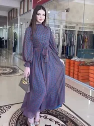 Eid Muslim Vestidos Women Abaya Jalabiya Party Arab Long Robe Print Ramadan Morocco Dubai Abayas Kaftan Islam Lace Up Dresses