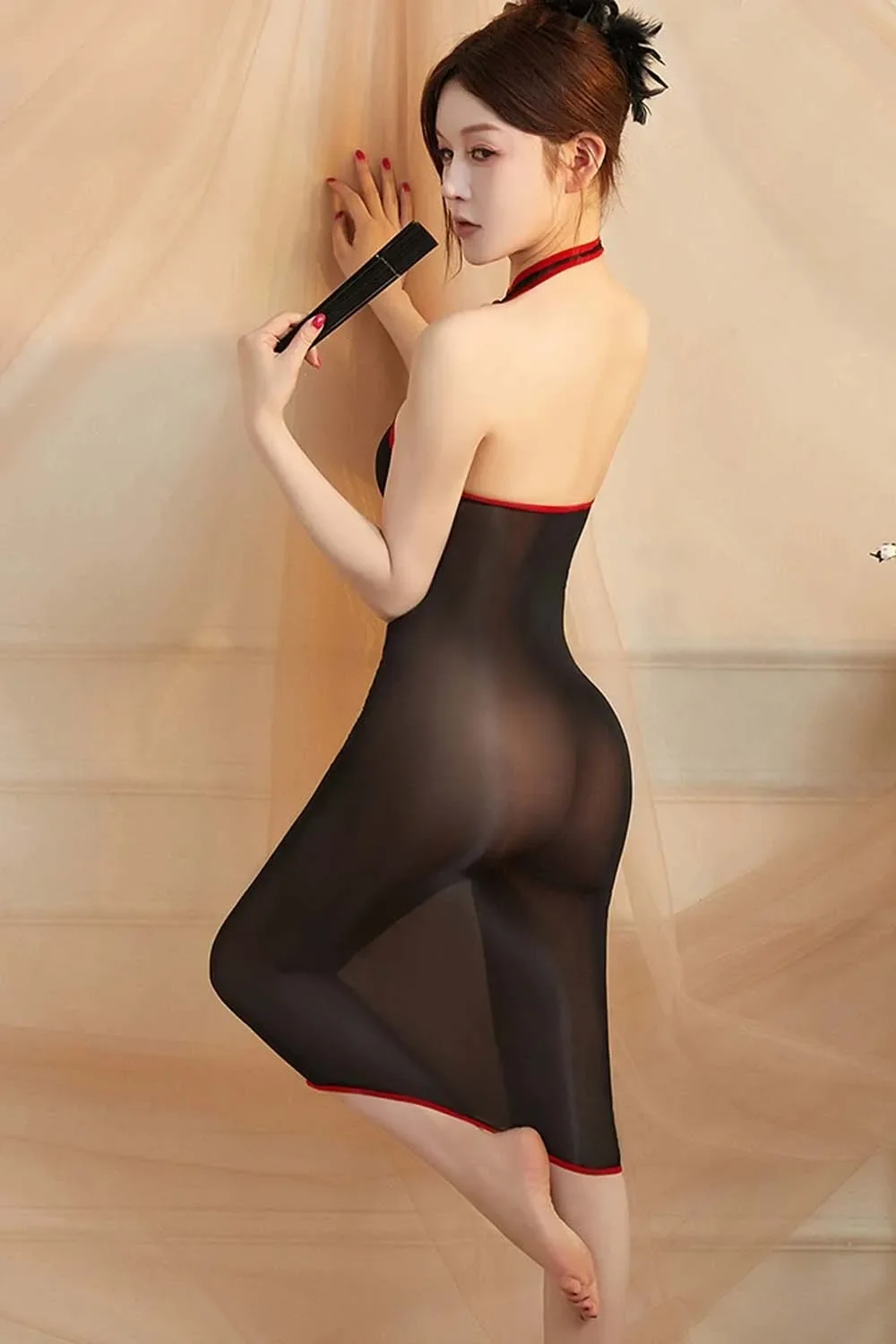 섹시한 여성용 8D 912핀 오일 글로시 샤이니 치파오 드레스 홀터 바디콘 타이츠 드레스 시스루 엘라스틱 메이드 드레스