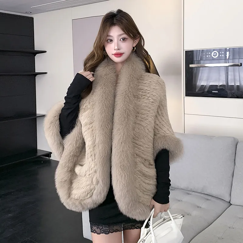 100% Natural Rabbit Fur Cape Coat Women Autumn Winter Warm Fox Fur Collar Shawl Elegant Lady Fashion Cloak