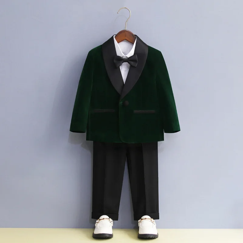 Children One Year Old Birthday Tuxedo Outfits Black Elegance Velvet Weddings Suit for Boys Gentleman Piano Performance Costume