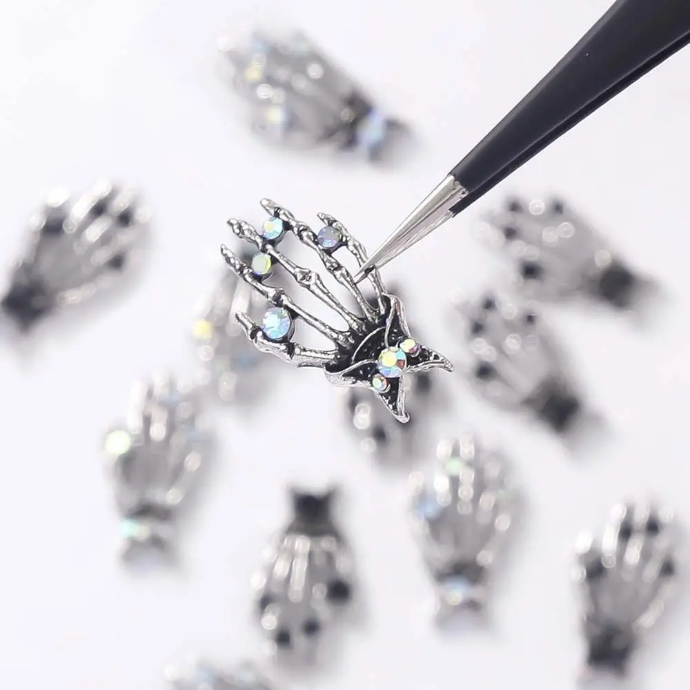 10Pcs/set Gothic Style Retro Hand Dark Skeleton Skull Palm Nail Ornaments Charm Rhinestone Alloy DIY Halloween Nail Accessories