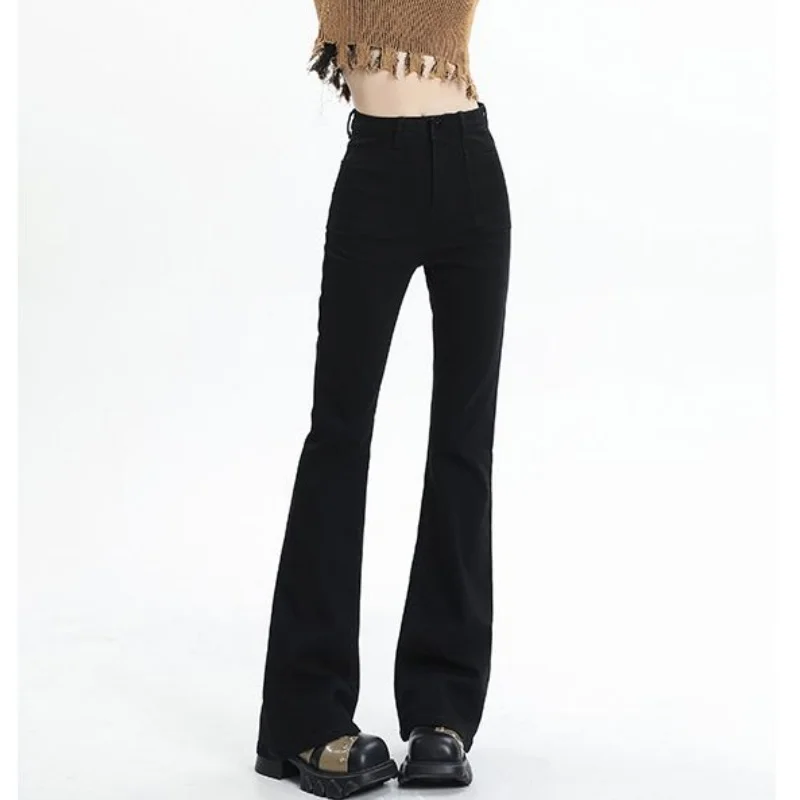 

Classic Designer Women Slim Flare Pants Lady Korean High Waist Solid Denim Pants Girls Fashion Black All-Match Trousers