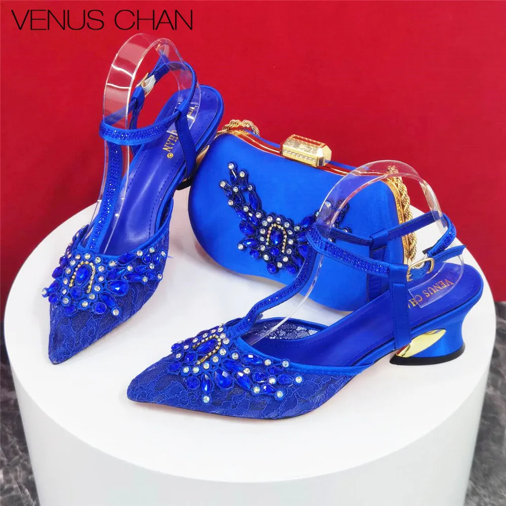 High Quality Elegant Three Dimensional Bag And Ladies High Heel Shiny Material With Big Rhinestones For Nigerian Party