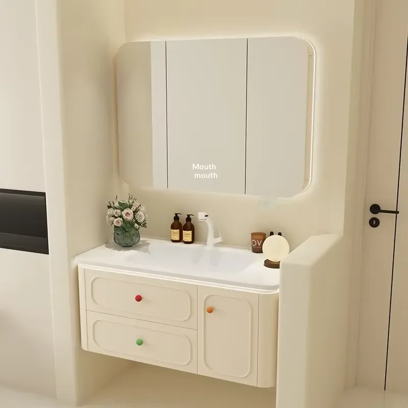 STLF Cream-Style Wall-Mounted Smart Mirror Bathroom Cabinet Combo Ceramic One-Piece Basin Oak French Retro Washstand Rounded