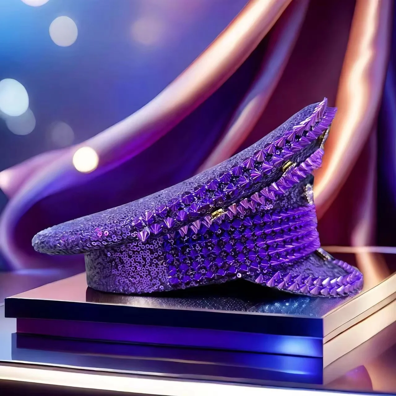 หมวกกัปตันหนังสีเหลืองเลเซอร์ HongLuan ประดับคริสตัลและหมวกทหารสำหรับผู้หญิง อุปกรณ์เสริมสำหรับงานเทศกาลดนตรีและหมวกปาร์ตี้สำหรับผู้ชาย