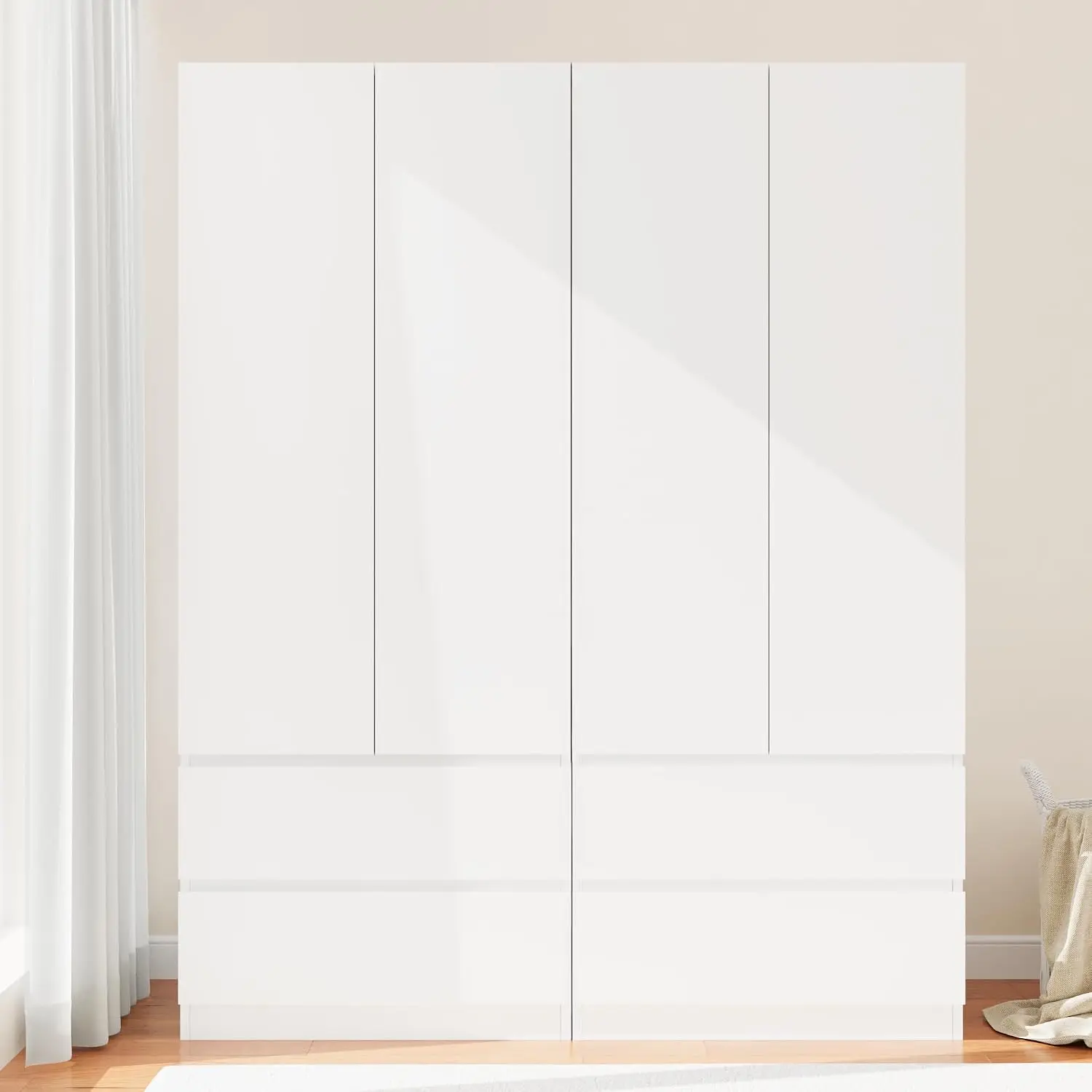 Armoire Wardrobe Closet with 4 Doors, Wooden Wardrobe Cabinet with 4 Drawers, Hanging Rod & Shelves, Freestanding, Customized