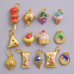 13pcs/Lot Mix Dessert Cake Ice Cream 3D Gold Color Enamel Charms For Jewelry Making Supplies Candy DIY Cute Pendant Accessories